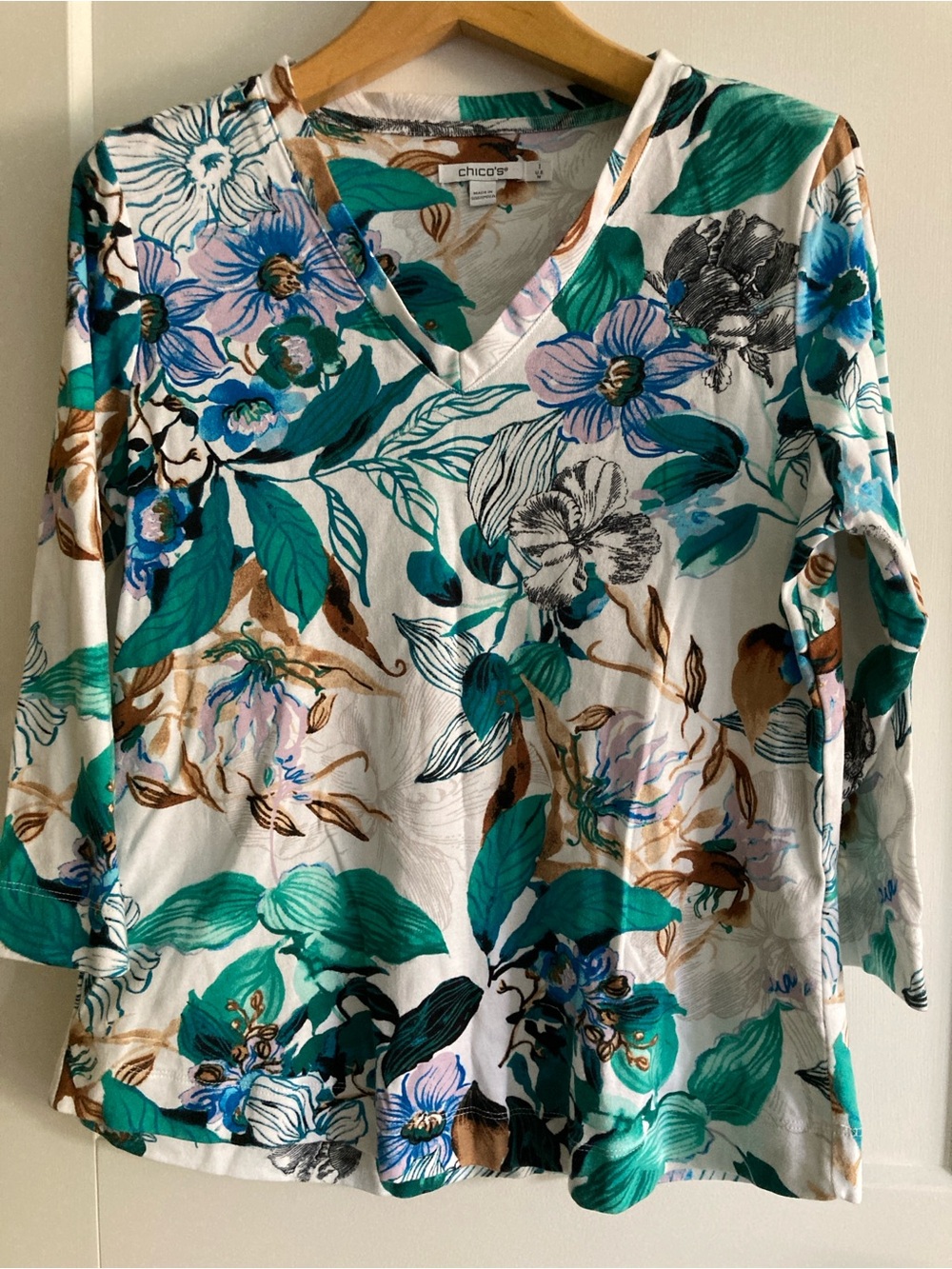 Chico's White Teal Blue Brown Floral V-Neck Top